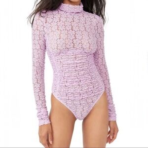 Free People Intimately Lace Ruched Bodysuit Purple Turtleneck Sheer Long Sleeve